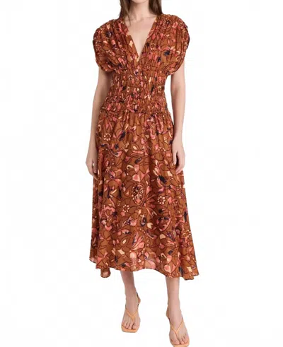 A.l.c Lucia Floral Smocked Midi Dress In Tan In Brown