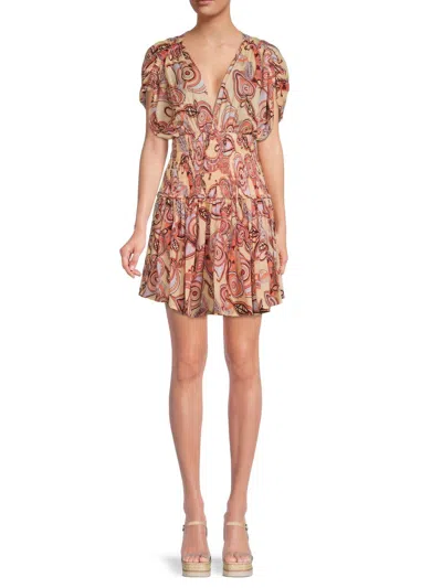 A.l.c Luna Print Smocked Mini Dress In Beige Multi In Neutral