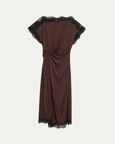 A.l.c Luna Satin Lace-trim Midi Dress In Brown