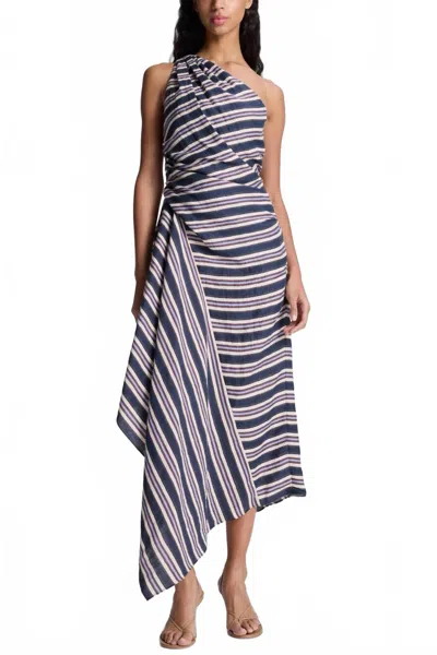 A.l.c Lyn One-shoulder Striped Linen Midi Dress In Navy Stripe In Black