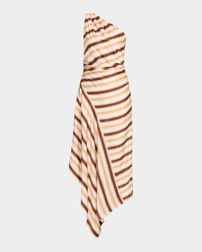 A.l.c Lyn Stripe Draped One-shoulder Midi Dress In Brown