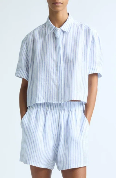 A.l.c . Mel Short Sleeve Button-up Linen Shirt In White/classic Blue