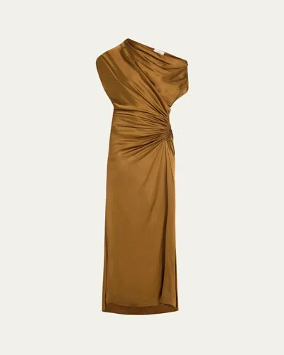 A.l.c Penny One-shoulder Ruched Satin Gown In Mocha