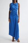 A.l.c . Pia Side Ruched Asymmetric Hem Satin Dress In Blue