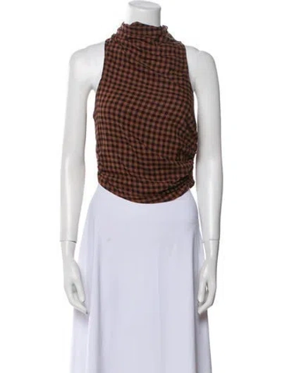 Pre-owned A.l.c Plaid Print Mock Neck Crop Top In Brown