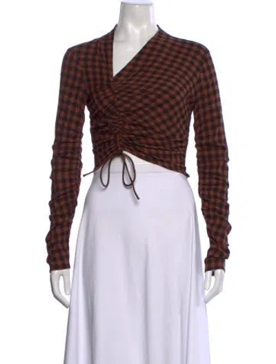 Pre-owned A.l.c Plaid Print V-neck Crop Top In Brown