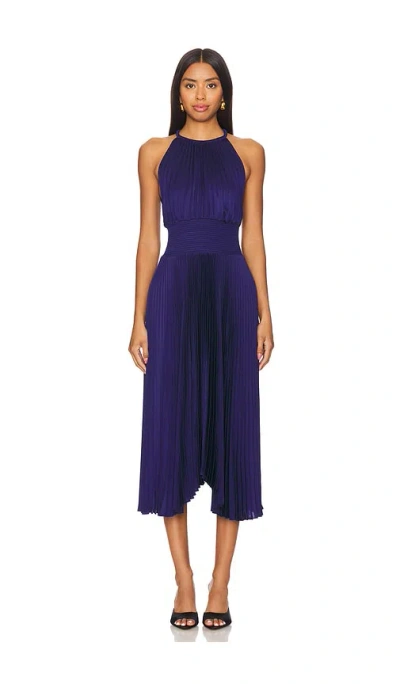 A.l.c Renzo Ii Satin Pleated High-neck Midi Dress In Blue