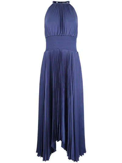 A.l.c Renzo Ii Satin Pleated High-neck Midi Dress In Blue