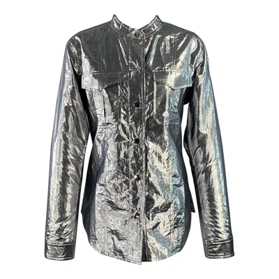 Pre-owned A.l.c . Size 4 Metallic Silver Cotton Blend Snaps Collarless Jacket