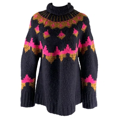 Pre-owned A.l.c . Size S Navy Neon Pink Wool Blend Geometric Pull On Sweater