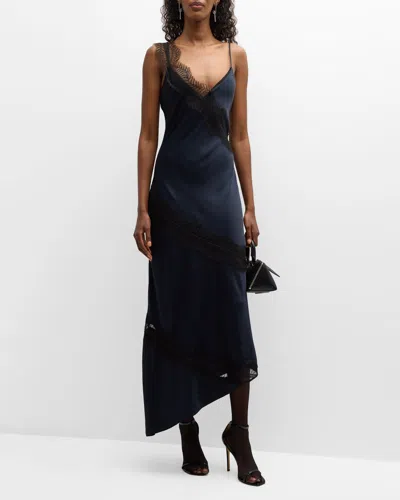 A.l.c Soleil Satin Lace Asymmetric Maxi Dress In Dark Sapph