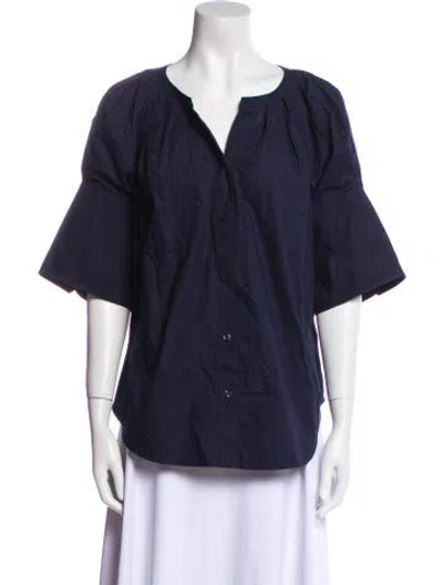 Pre-owned A.l.c V-neck Three-quarter Sleeve Button-up Top In Blue