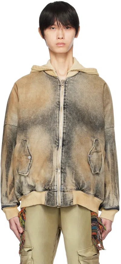 Alchemist Indigo Creed Denim Bomber Jacket In Dirty Light Indigo