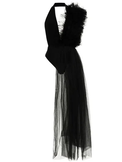 Alchemy X Lia Aram Asymmetric Tulle Ruffle Bodysuit In Black