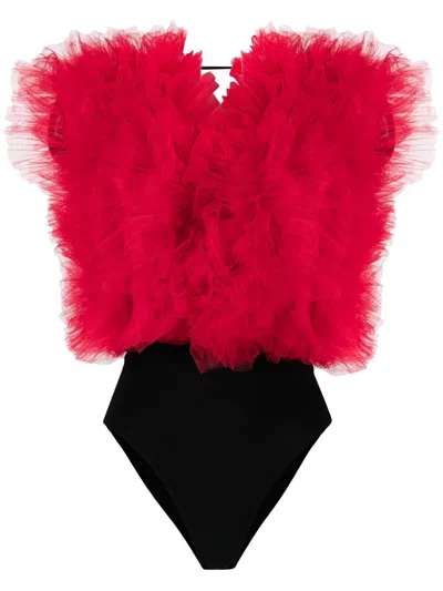 Alchemy X Lia Aram Ruffled-trim Sleeveless Bodysuit In Red