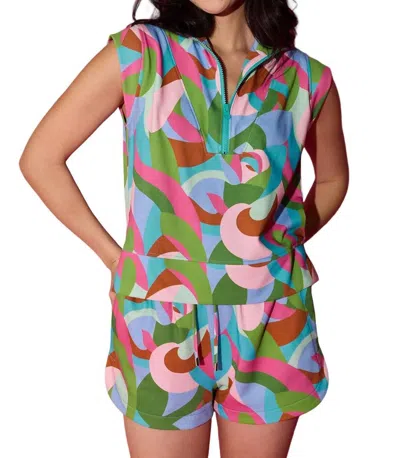 Alden Adair Clara Front Zip Top In Aqua Hall Of Mirrors In Multi