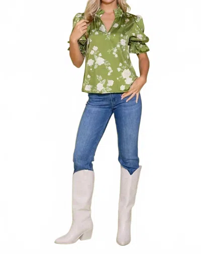 Alden Adair Lottie Puff Sleeves Top In Green Rosette