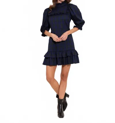 Alden Adair Murphey Puff Sleeve Mini Dress In Tartan In Blue