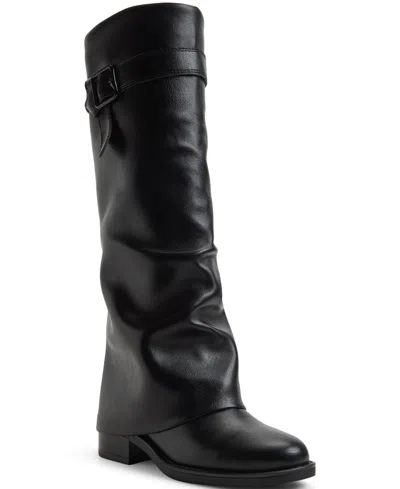 Aldo Eloewiel Round-toe Faux Leather Knee-high Boots In Black Tumbled