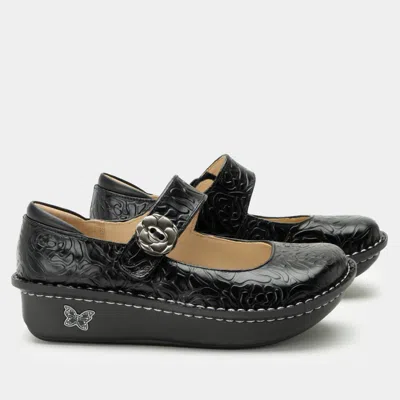 Alegria Women's Paloma Mary Jane Leather Shoes - Medium Width In Black Embossed Rose In Multi