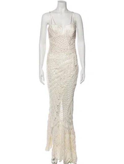 Pre-owned Alejandra Alonso Rojas Crochet Long Dress In White