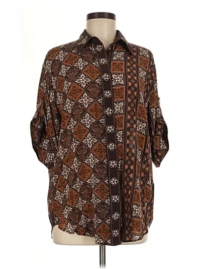 Pre-owned Alemais 3/4 Sleeve Silk Top Brown Paisley Pattern Mock Neckline Tops