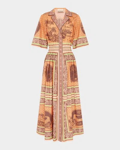 Alemais Alberta Smocked Maxi Shirtdress In Brown