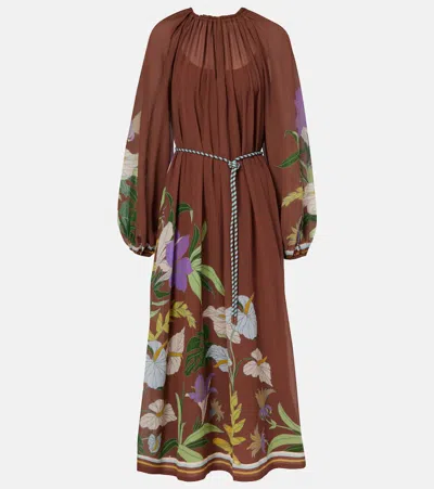 Alemais Alfie Gathered Cotton And Silk Midi Dress In Brown