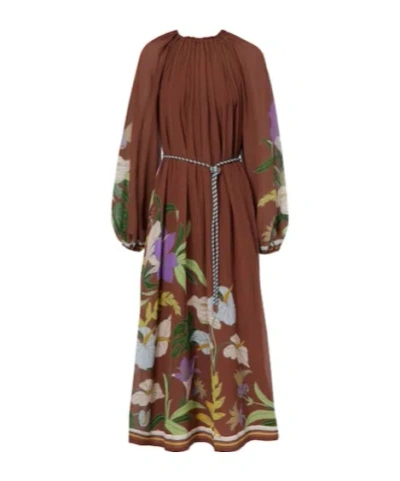 Alemais Alfie Gathered Cotton And Silk Midi Dress In Brown