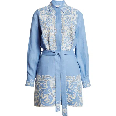 Alemais Arion Embroidered Long Sleeve Linen Shirtdress In Cornflower