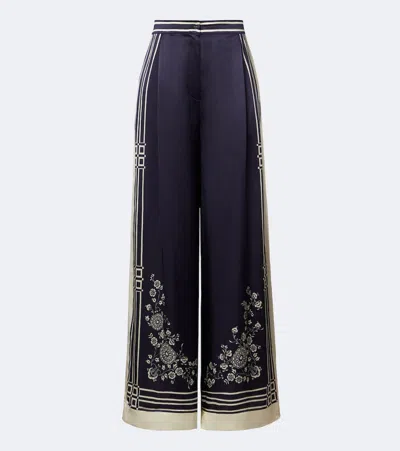 Alemais Bandera Printed Silk-satin Wide-leg Pants In Blue