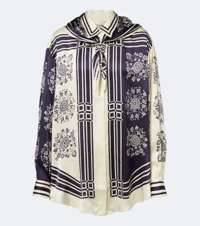 Alemais Banderra Scarf-detailed Printed Silk-satin Shirt In Blue