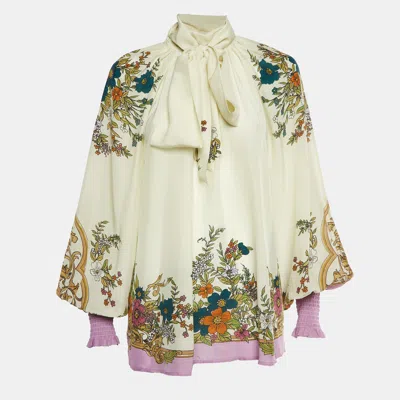 Pre-owned Alemais Beige Antoinette Print Silk Blend Neck Tie Blouse M In Sand