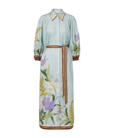 Alemais Belted Floral Linen Shirt Dress In Gold