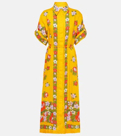 Alemais Belted Floral Linen Shirt Dress In Yellow