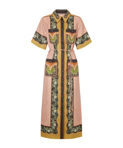 Alemais Darcey Belted Printed Hemp Midi Dress In Pink