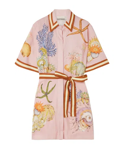 Alemais Belted Printed Linengauze Mini Shirt Dress In Pink