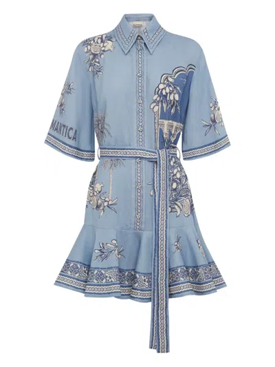 Alemais Villa Romantica Blue Mini Dress With Front Blet And All-over Floral Motif In Linen Blend Woman