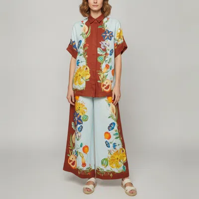 Pre-owned Alemais Blue Dahlia Print Linen Shirt And Pants Set S/xs