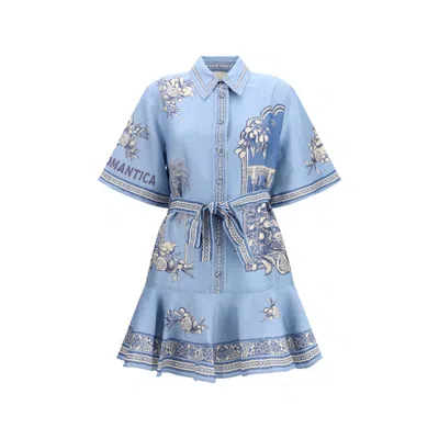Alemais Villa Romantica Blue Mini Dress With Front Blet And All-over Floral Motif In Linen Blend Woman
