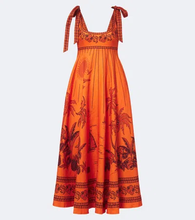 Alemais Boathouse Linen Midi Dress With Graphic Print And Square Neckline In Orange