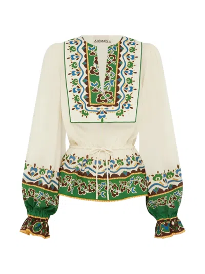 Alemais Relaxed Ramie Blouse With Floral Border Print In Neutral