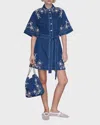 Alemais Womens Light Blue Carmen Floral-applique Belted Denim Mini Dress In Light Blue