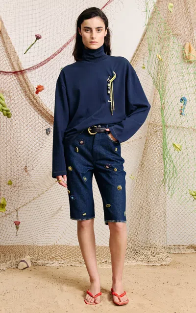 Alemais Alémais Celestine Embellished Denim Bermuda Shorts In Blue