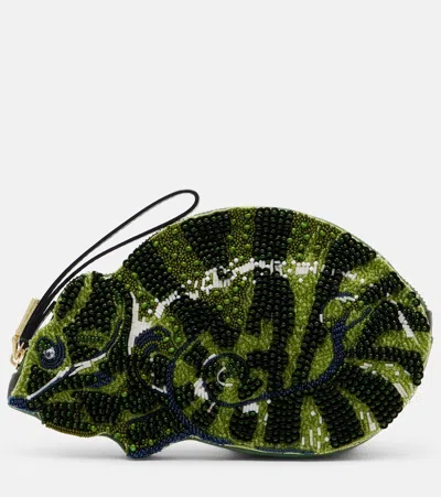 Alemais Chameleon Small Beaded Clutch In Green