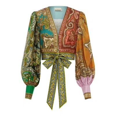 Alemais Clemenza Spliced Crop Silk Blouse In Brown