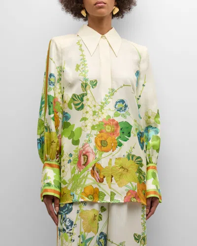 Alemais Constance Back Ribbon-tie Floral Silk Shirt In White