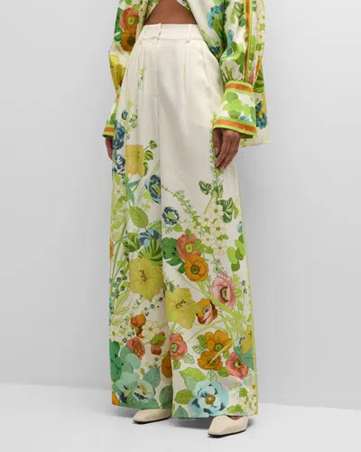 Alemais Constance Pleated Floral Wide-leg Pants In Beige