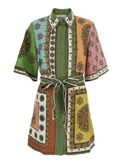 Alemais Contina Multicolor Mini Dress With Front Belt And All-over Print In Viscose Blend Woman In Green