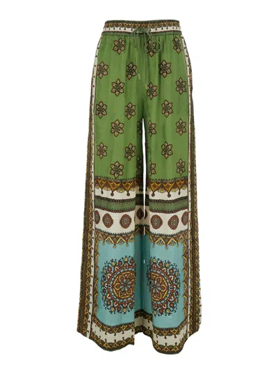 Alemais Contina Multicolor Pants With Elastic Drawstring Waist And All-over Print In Viscose Woman In Green